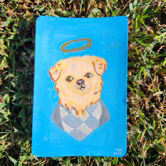 Golden retriever with halo with blue background illustration. 