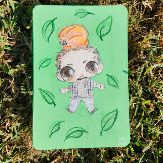 Chibi man with pumpkin on his head on green background illustration. 